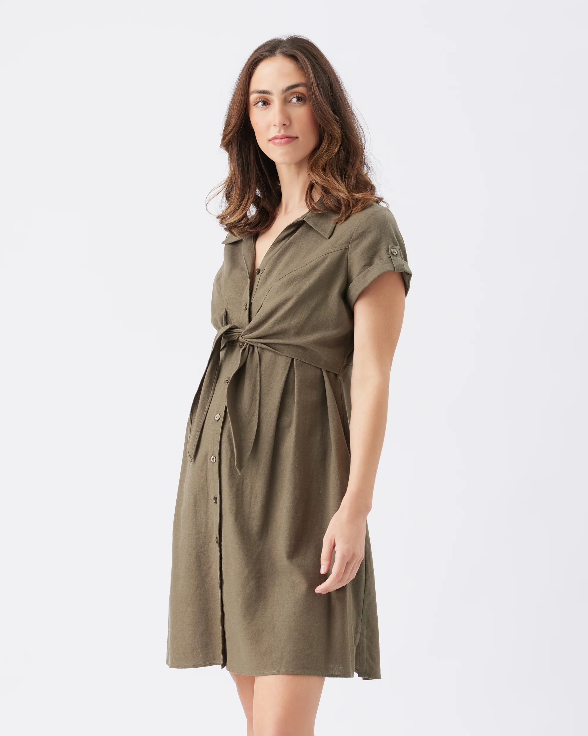 Colette Tie Up Linen Dress Olive - Image 3