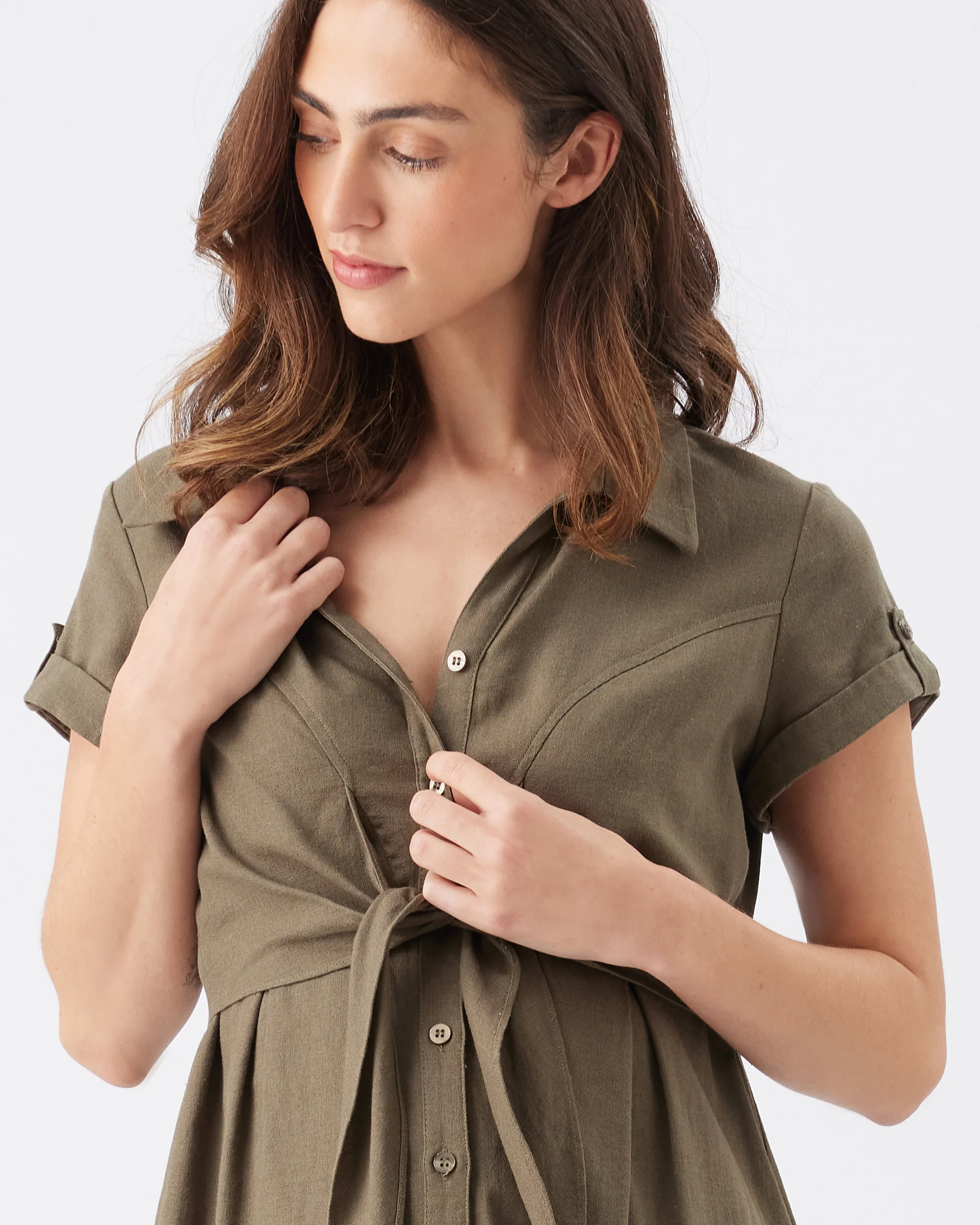 Colette Tie Up Linen Dress Olive - Image 5
