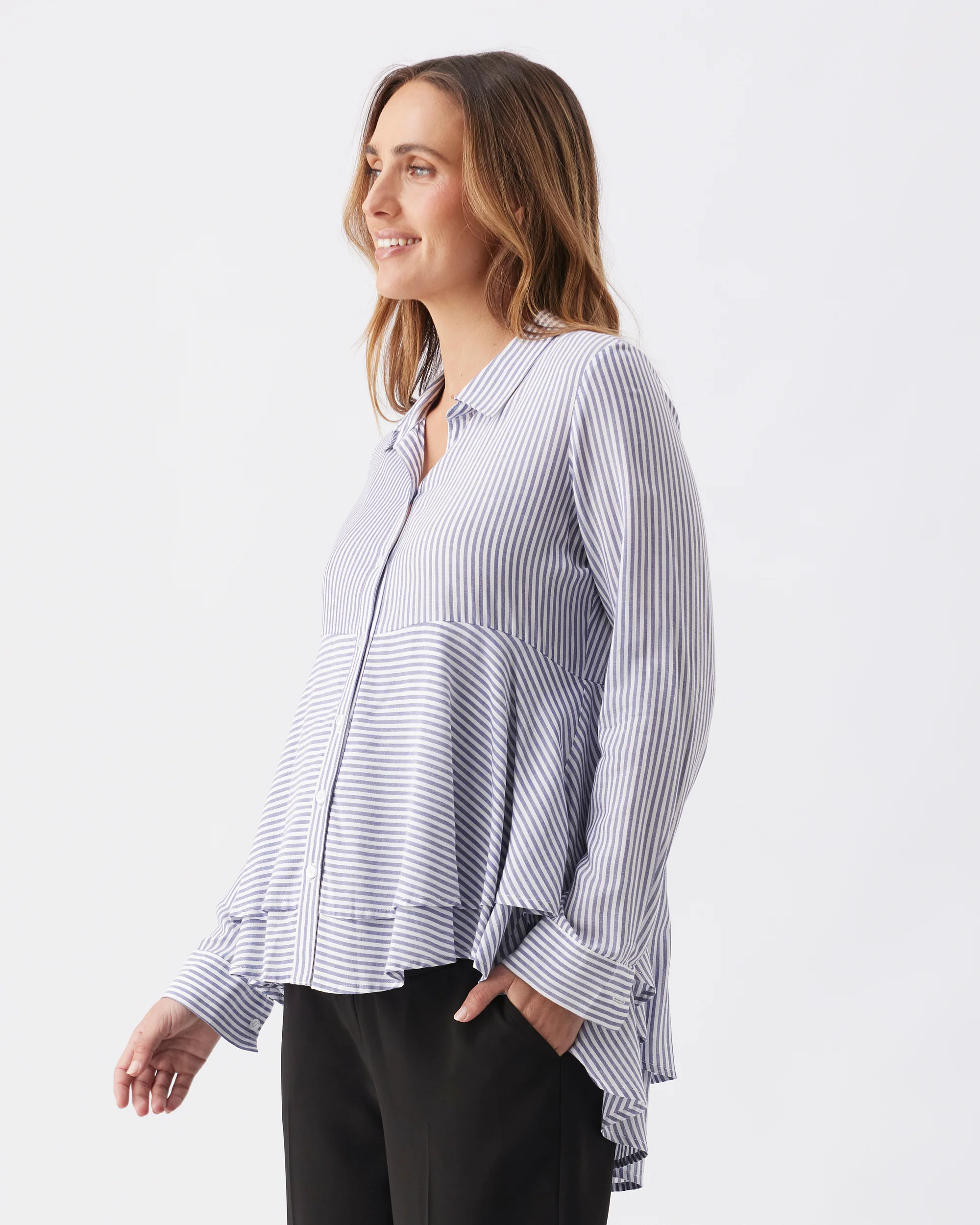 Stripe Layered Peplum Shirt Navy / White - Image 3